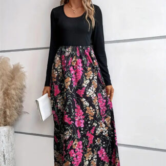 Women's Fashion Flower Multicolor Printing Long Sleeve Dress